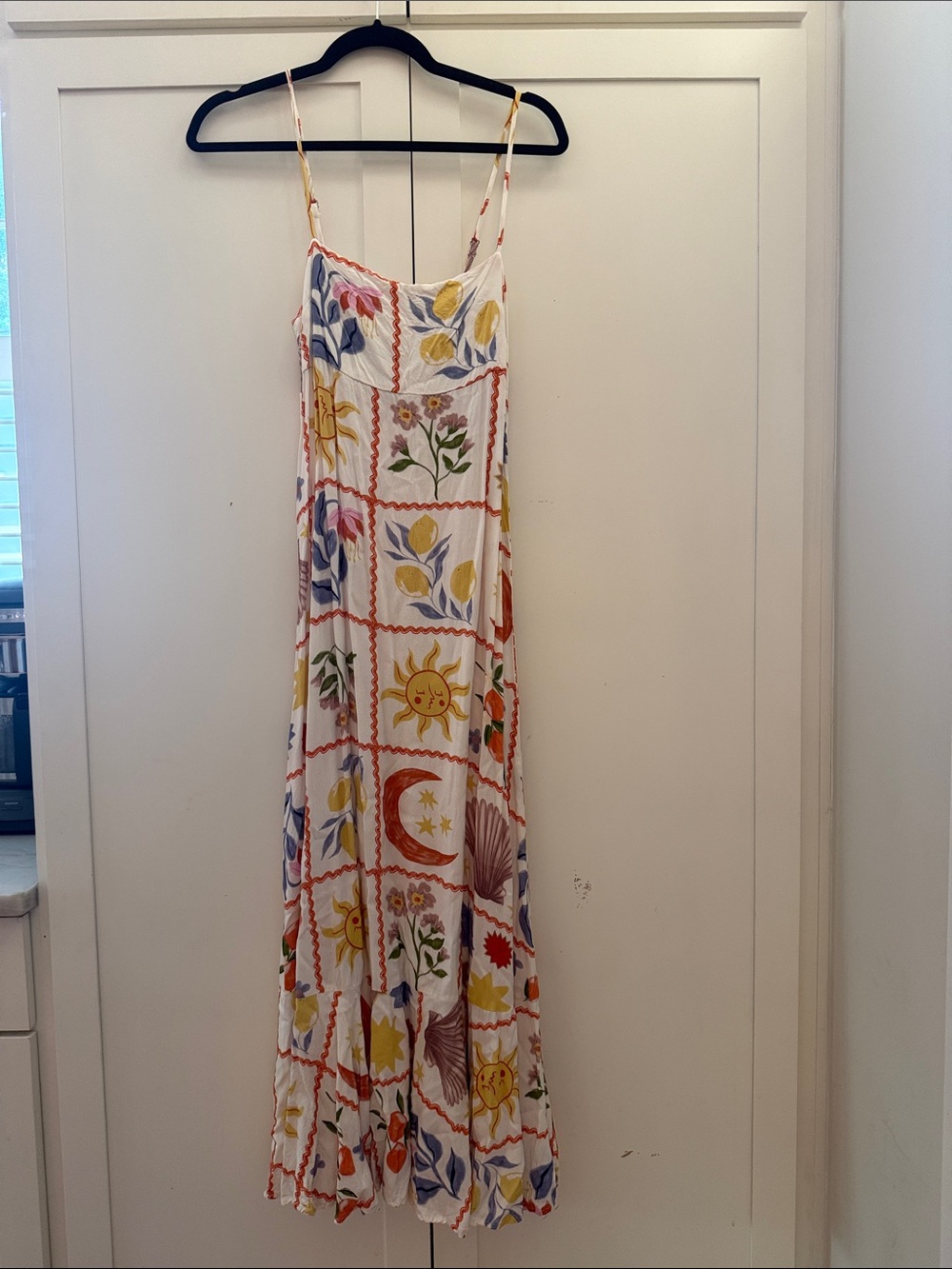 Sun & Floral Print White Spaghetti-Strap Maxi Dress